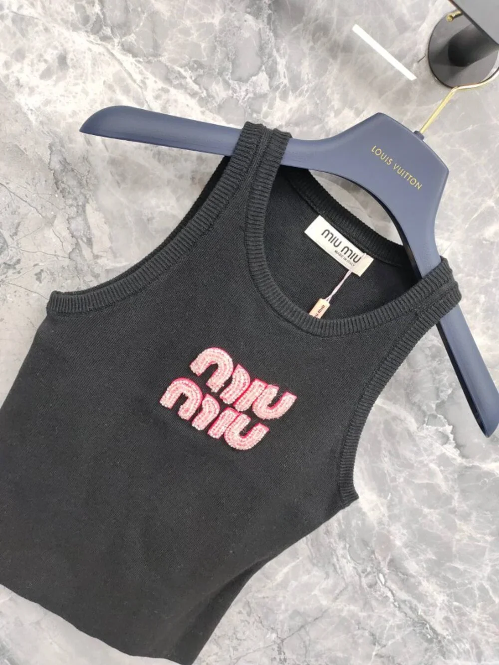 Miu Miu Ribbed Jersey Black Tank Top